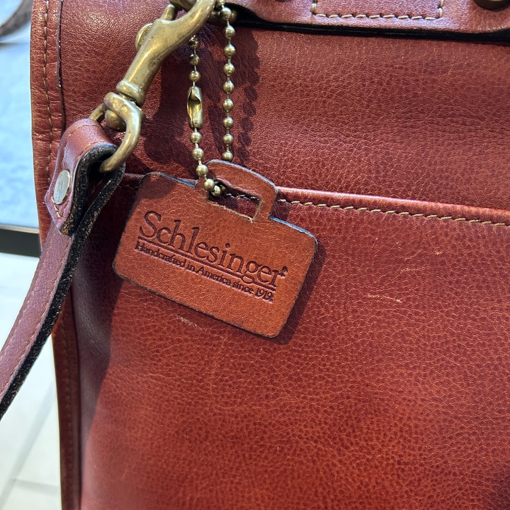 Schlesinger Full Grain Cowhide Leather Flap Briefcase w/Strap - Suede Interior